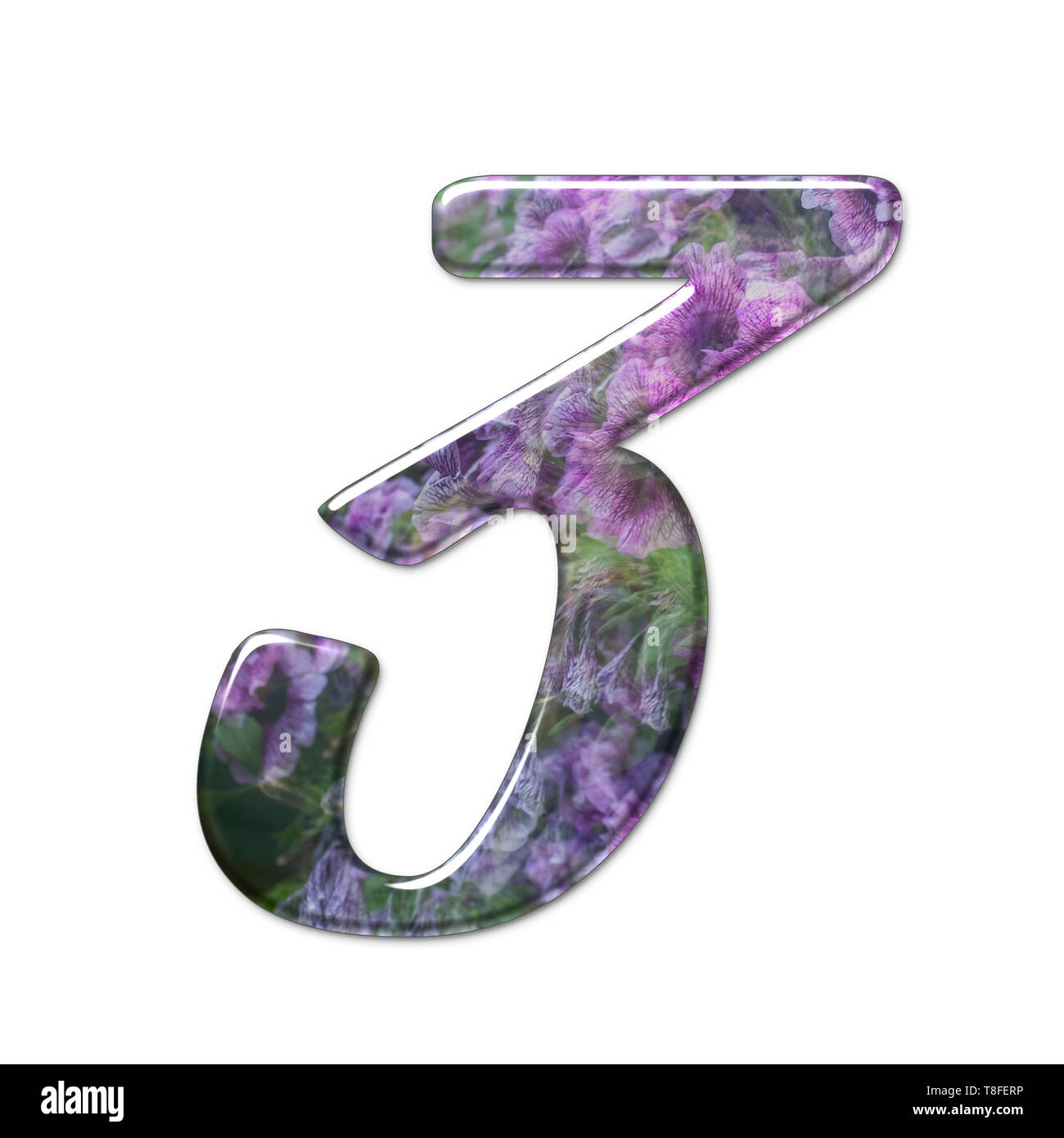 Il numero tre è parte di un insieme di lettere, numeri e simboli di 3D alfabeto realizzato con una immagine floreale su sfondo bianco Foto Stock
