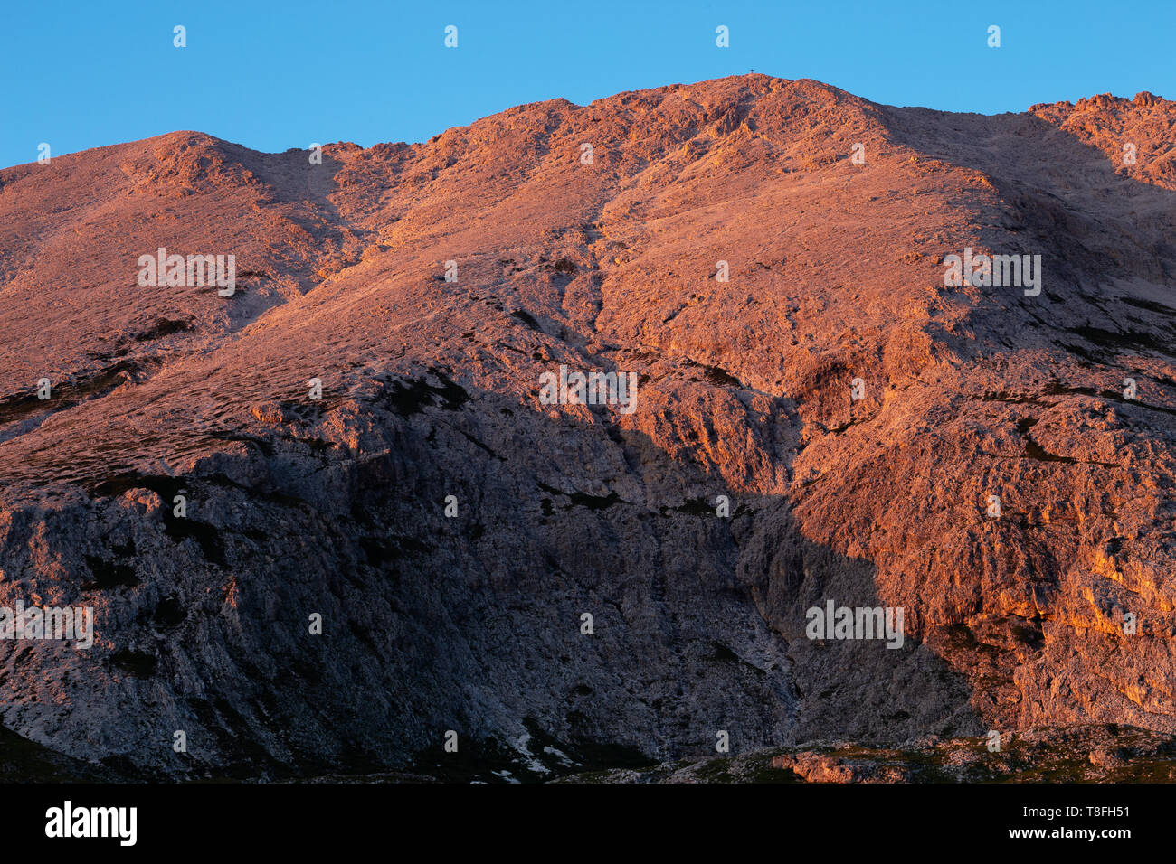 Montagna Sassopiatto. Tramonto sole, alpenglow rossastro. Le Dolomiti. Italia. Europa. Foto Stock