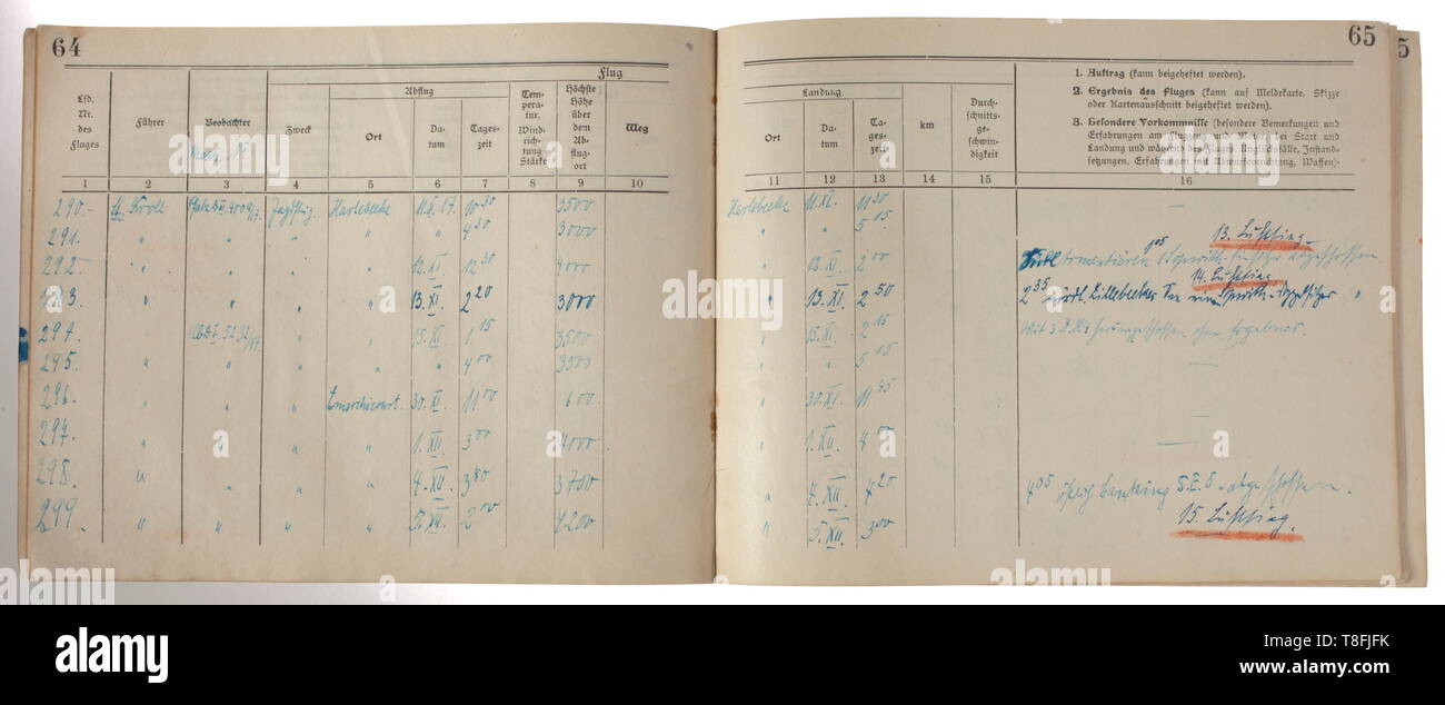 Riserva 1 Tenente Heinrich Kroll - registro di volo Prenota dal 24 maggio 1916 al 30 giugno 1918 un totale di 389 voci di volo, prevalentemente in inchiostro, inizio con operazioni con FFA 17 (24 voli, principalmente long-range di ricognizione, una missione suicida, Rumpler C.I. e Albatros C.V.), incluso il suo primo combattimento aereo il 26 settembre 1916 con '1 Nieuport und 1. Caudron'. Dal 3 novembre 1916, operazioni con Jasta 9 comprende 154 voci di volo in un Fokker E III e IV, Halberstadt D I, LVG D I E Albatros D II del xx secolo, Editorial-Use-solo Foto Stock