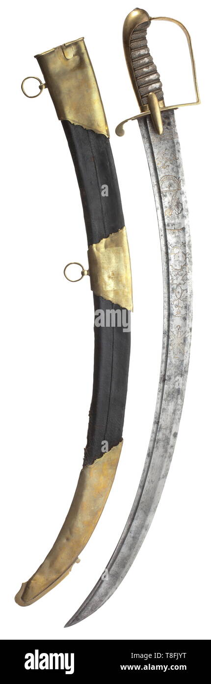 Un sabre, probabilmente da un ufficiale della marina, XVIII secolo la lama larga con molatura cava sul dorso, a doppio taglio punto, riccamente inciso e dorato con trofei e viticci, sul lato anteriore di un giovane uomo in piedi di fronte ad una fiamma ciotola con due cuori, committente epigramma '....liens d'amour", sul lato inverso in piedi la figura di Fiducia in possesso di una nave a vela nelle sue braccia sotto di esso 'fiducia trumina? Navem...", il ricasso con il produttore la firma di 'De la Manufacture de Marque au Raisin fait à Solingen". Fuso a snodo in ottone-bow elsa, pelle, Additional-Rights-Clearance-Info-Not-Available Foto Stock