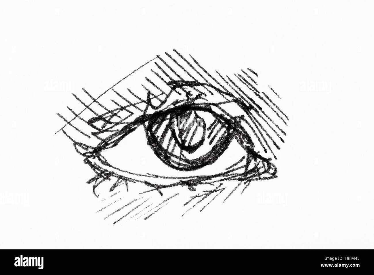 Schizzo di occhio umano disegnati a mano con inchiostro nero su carta bianca Foto Stock