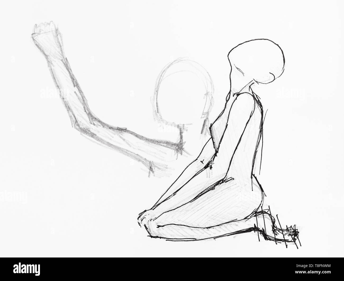 Schizzo di inginocchiarsi di preghiera figura femminile disegnati a mano da nero a matita e inchiostro su carta bianca Foto Stock