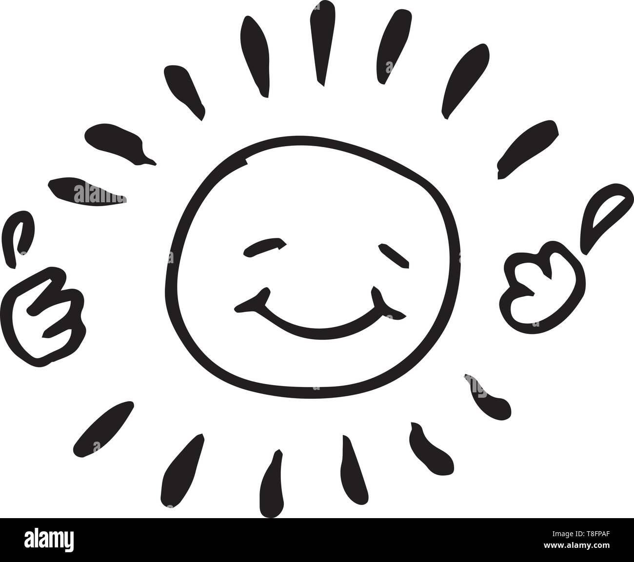 Bianco e nero happy sun del disegno a mano. Creative illustrazione vettoriale in stile infantile. Illustrazione Vettoriale