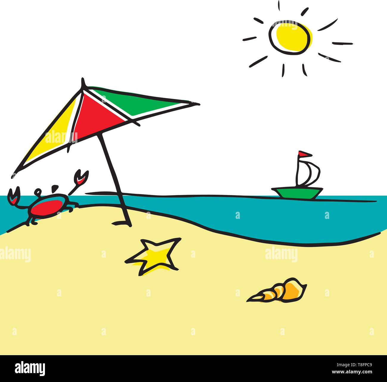 Raffreddare il vettore sunny illustrazione vettoriale di una spiaggia. Illustrazione Vettoriale
