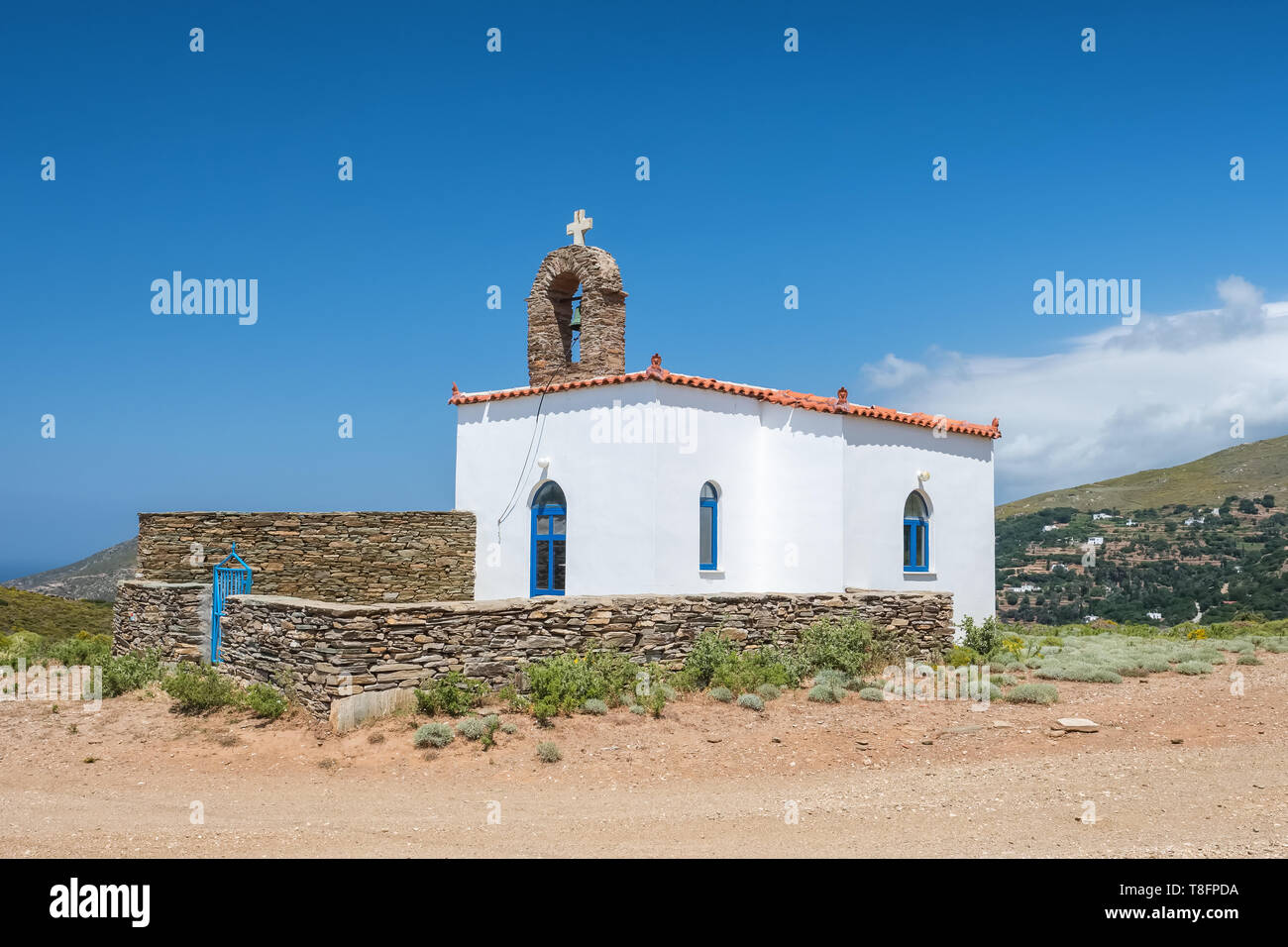 Cicladi chiesa ortodossa greca sull'isola di Andros, Foto Stock