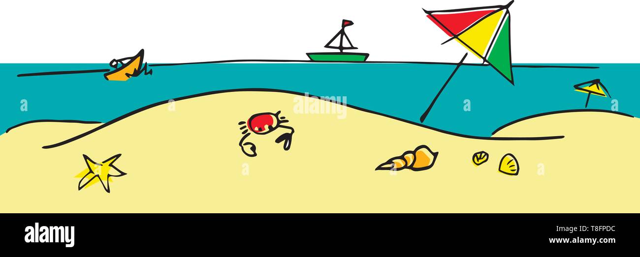 Estate felice illustrazione di una spiaggia con alcune creature del mare. Illustrazione Vettoriale