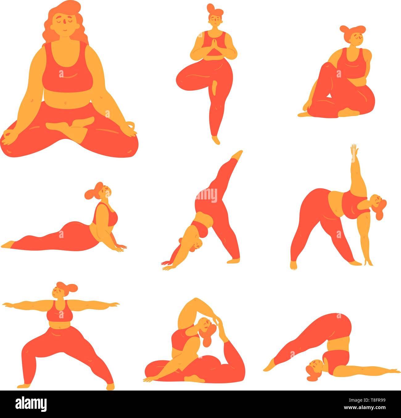 Corpo di donna positivo fare yoga pone. Leggermente sovrappeso ragazza facendo diversi asana esercizi di stretching, corpo e salute mentale. Lifesty sani Illustrazione Vettoriale