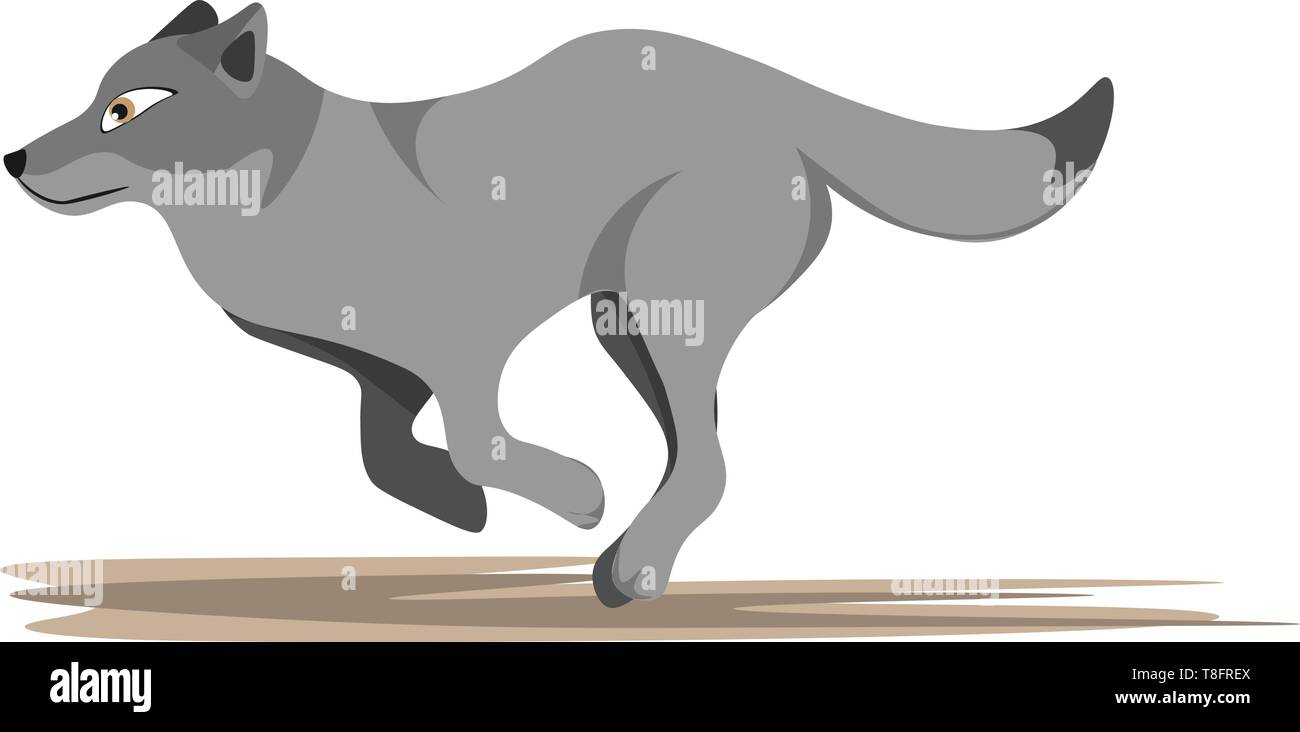 Un lupo nel gradiente grigio e morbido il codino viene eseguito al di sopra del terreno impostare isolati su sfondo bianco visto dal lato, il vettore, il colore di disegno o illustrati Illustrazione Vettoriale