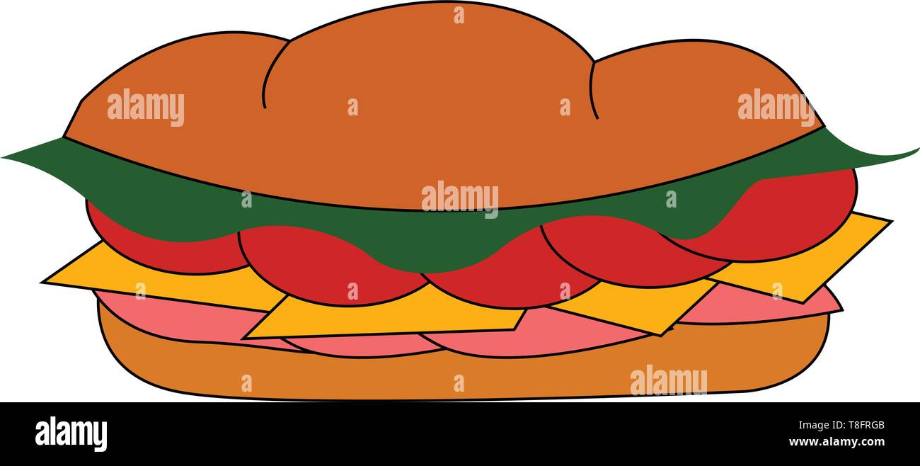 Un sandwich costituito da due pezzi di pane con un riempimento che include la lattuga, carni e formaggi, tra di essi è squisita e deliziosa, vettore colo Illustrazione Vettoriale