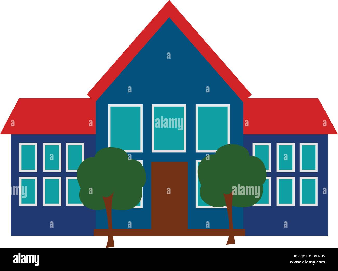 Una scuola con l'edificio come quello di una grande casa ha una porta marrone per la sua parte anteriore e due alti alberi verde presso la sede impostare isolato sul retro bianco Illustrazione Vettoriale