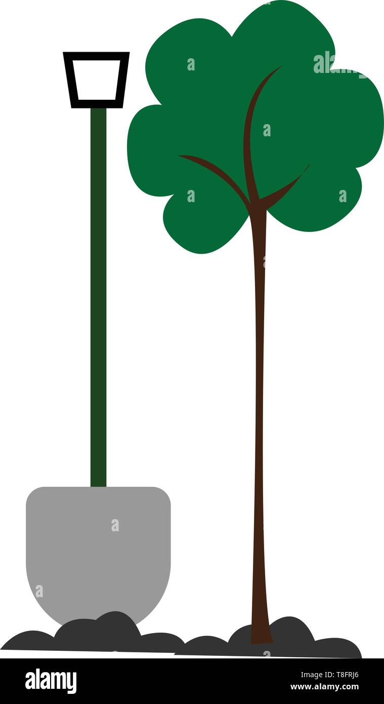 Una pala con la piastra bianca e da un lungo manico verde che fino alle altezze delle alte albero verde collegato alla terra su sfondo bianco , v Illustrazione Vettoriale