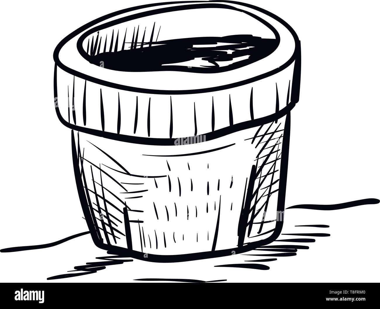 Schizzo di una pentola in bianco e nero ha un corpo cilindrico ed una apertura circolare set isolato su sfondo bianco visto dalla parte anteriore, vettore dr colore Illustrazione Vettoriale