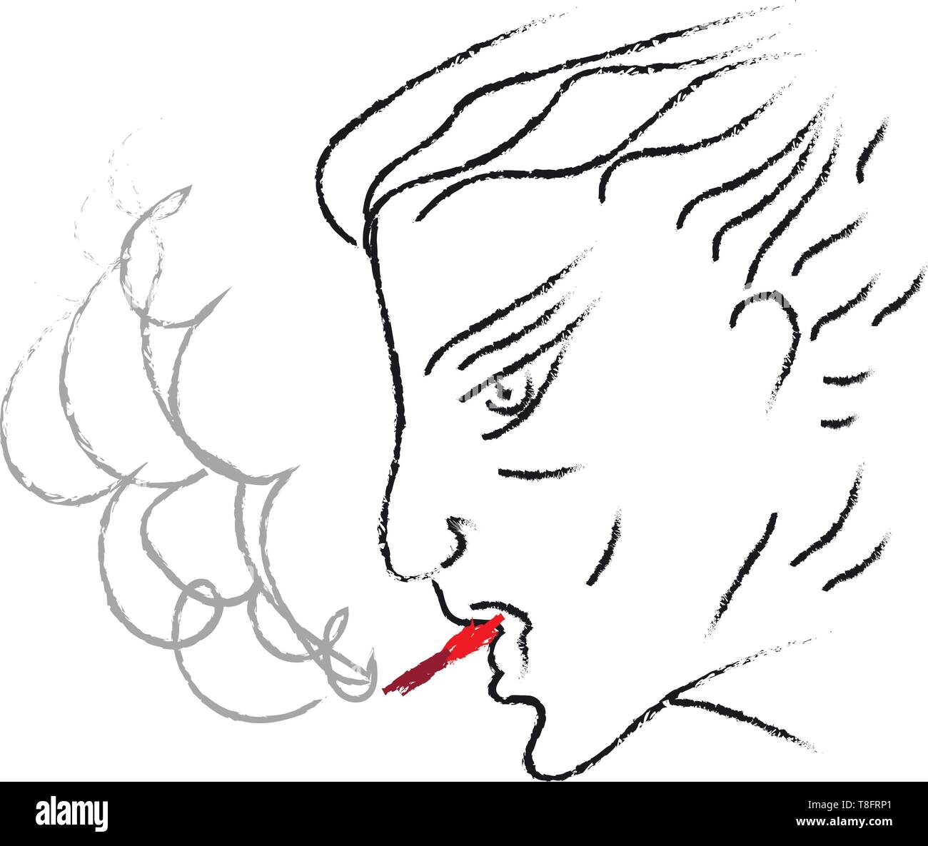 Lineart di un uomo di fumare tabacco rosso nella sua bocca impostare isolati su sfondo bianco visto dal lato, il vettore, il colore di disegno o illustrazione. Illustrazione Vettoriale