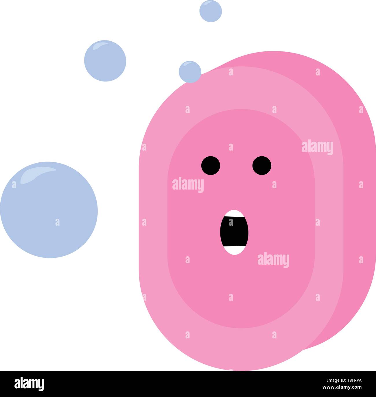 Gli Emoji di un sapone di rosa è un grazioso piccolo viso e con la sua bocca aperta sembra sorprendentemente al blue schiume o le bolle formate su bianco backgroun Illustrazione Vettoriale