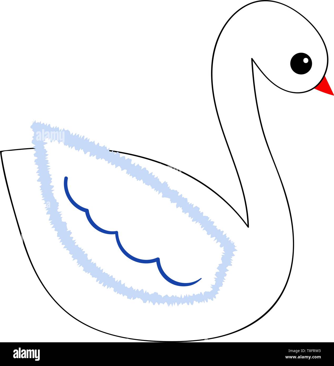Un soffice swan di colore bianco con un lungo collo dritto, a forma di cuneo bolletta Orange e corpo decorato con disegni di blu, è rivolto verso il basso su bianco bac Illustrazione Vettoriale