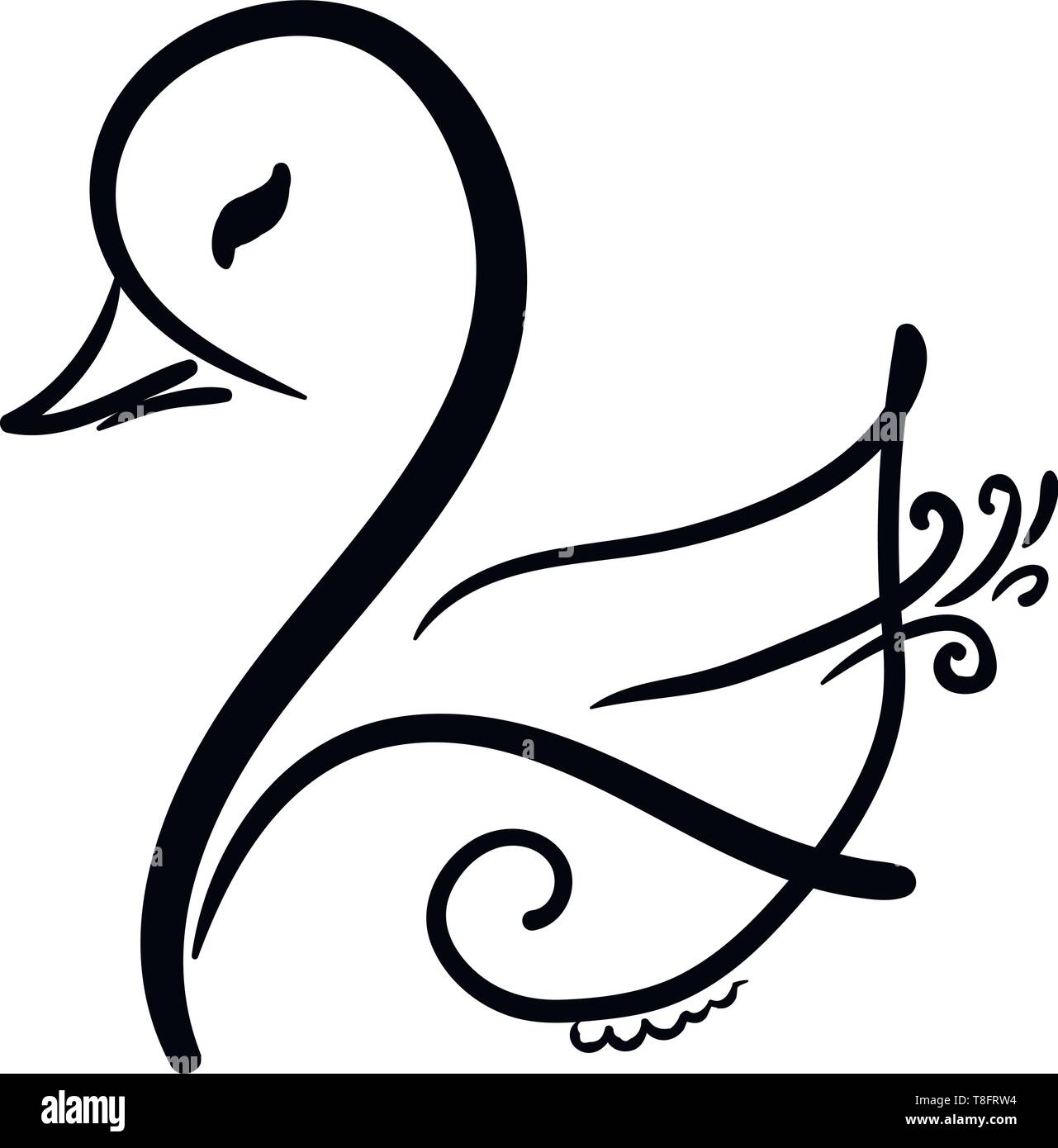 Un cigno di colore nero con un lungo collo dritto, a forma di cuneo bill, corpo e decorate con motivi floreali di turbolenza-come design è rivolto verso il basso su retro bianco Illustrazione Vettoriale