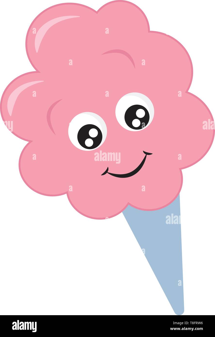 Un nitido cono blu mantiene la squisita e deliziosa simile a cotone riempimento rosa è un grazioso piccolo viso con occhi laminati in basso a sinistra è sorridente su bianco bac Illustrazione Vettoriale