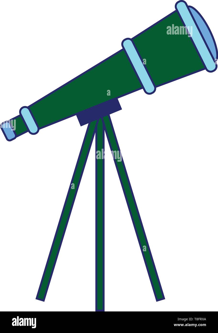Un verde e blu con strumento ottico progettato per rendere gli oggetti distanti appaiano vicini, contenente una disposizione di lenti, è montato su un tripo Illustrazione Vettoriale