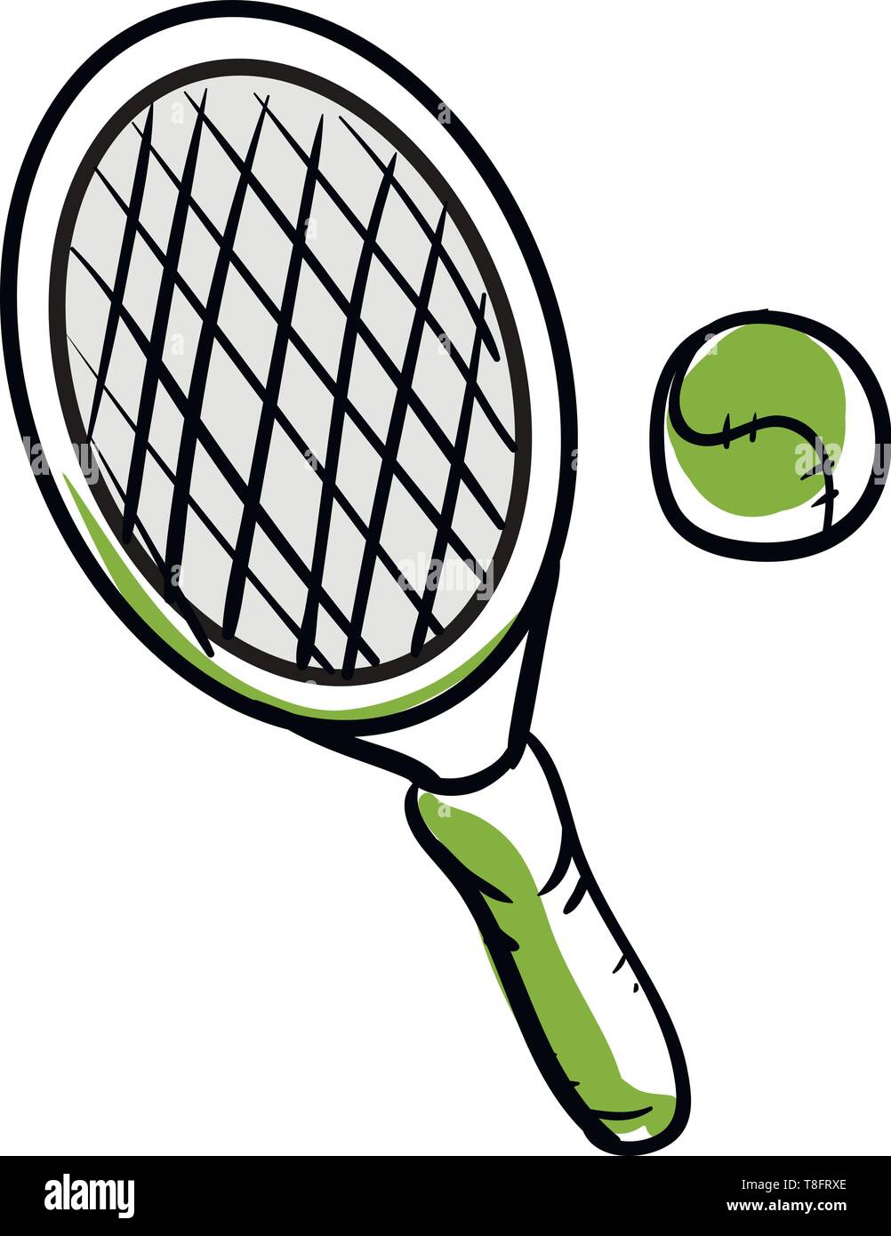 Una palla da tennis e delle racchette in verde e nero i colori isolate su sfondo bianco, il vettore, il colore di disegno o illustrazione. Illustrazione Vettoriale