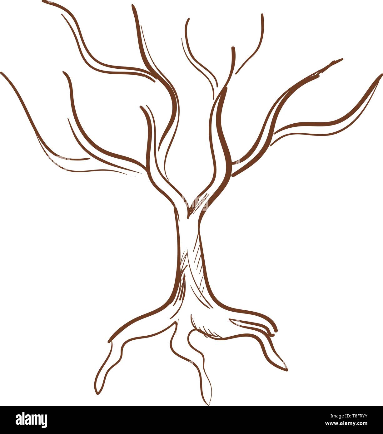 Disegna un albero di colore marrone non ha frutti o foglie e stand con lunghe radici penetrante impostare isolati su sfondo bianco visto dalla parte anteriore, ve Illustrazione Vettoriale