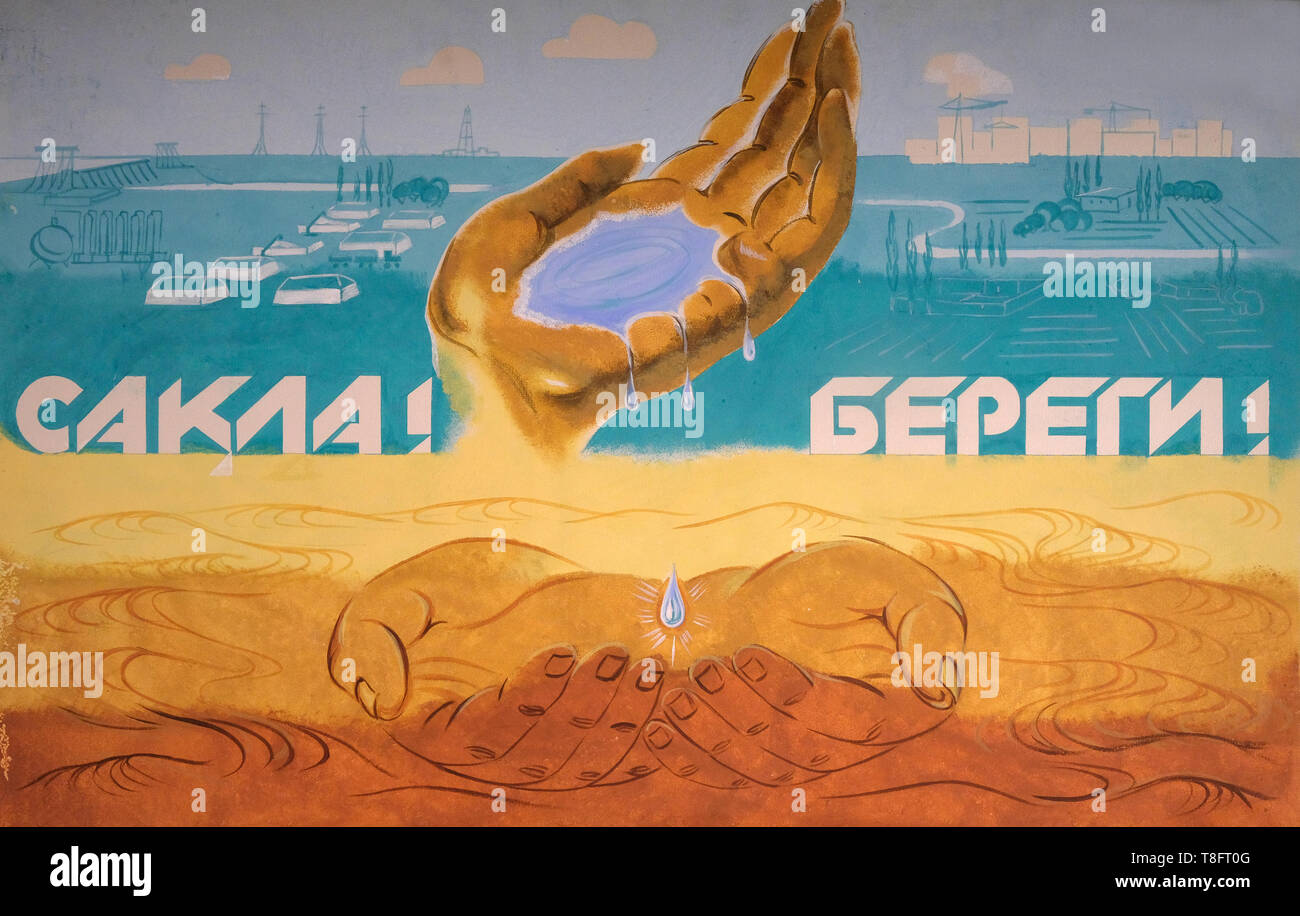 Un manifesto dell'epoca sovietica che recita 'SAVE' raffigurante il disastro del Mare d'Aral in Uzbekistan Foto Stock