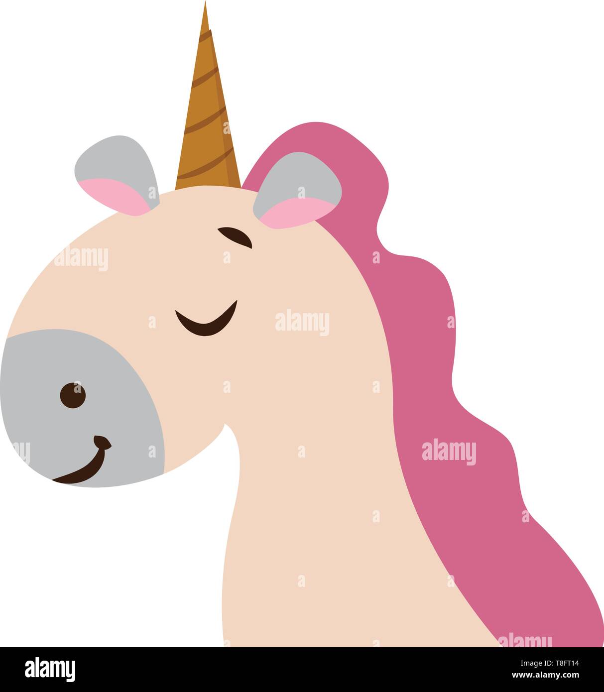 Un unicorno con un singolo dritto Golden Horn sporgente dalla sua fronte, mane in rosa, orecchie in rosa e blu, sembra bello, mentre gli occhi chiusi, vecto Illustrazione Vettoriale