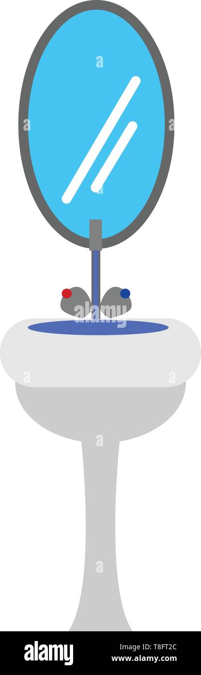 Un lavandino con una forma ovale specchio migliorano l'arredamento esistente di qualsiasi stanza della casa isolata sfondo bianco visto dalla parte anteriore, vettore Illustrazione Vettoriale