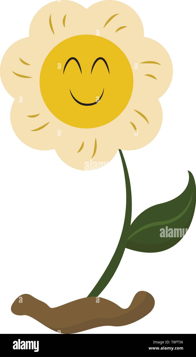 Un fiore cresciuto al di sopra del suolo è marrone con broccoli, un grazioso piccolo viso sul giallo disco circolare, il vettore, il colore di disegno o illustrazione. Illustrazione Vettoriale