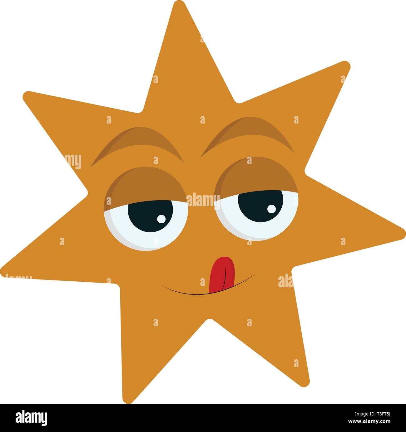 A sette punte stella gialla è un grazioso piccolo viso con occhi arrotolato, e lingua bloccati e fino, impostare isolati su sfondo bianco visto dal Illustrazione Vettoriale