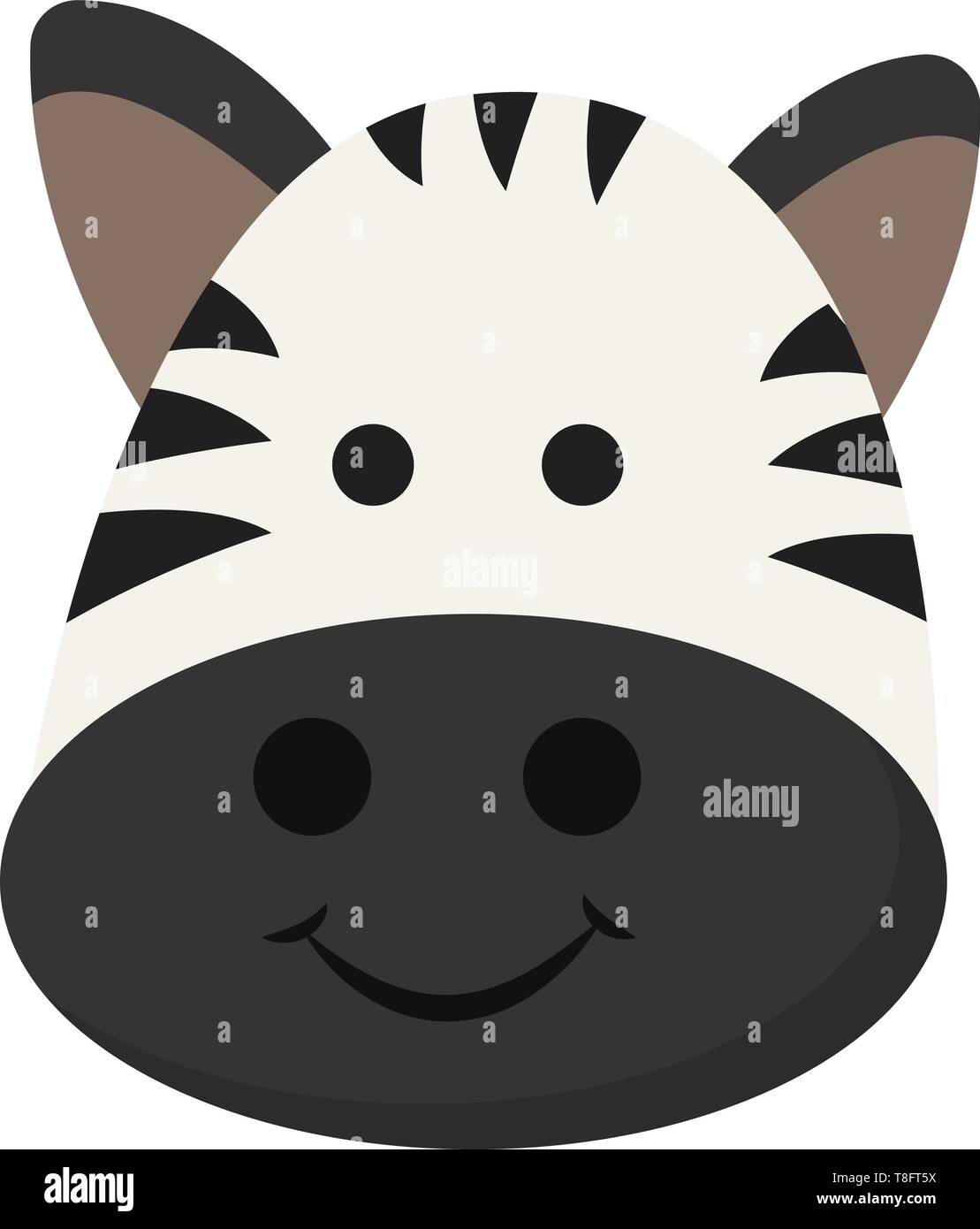 Un cavallo selvaggio con in bianco e nero strisce, orecchie marrone, dispone di un grazioso piccolo viso sulla bocca ovale e sorridente è impostato isolati su sfondo bianco, vecto Illustrazione Vettoriale