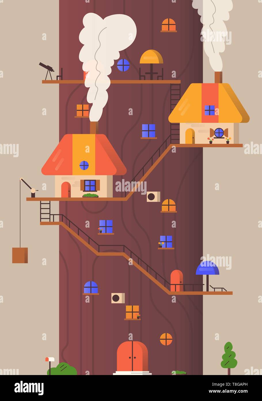 Big Tree hotel con piccole case e vari attributi della vita Illustrazione Vettoriale