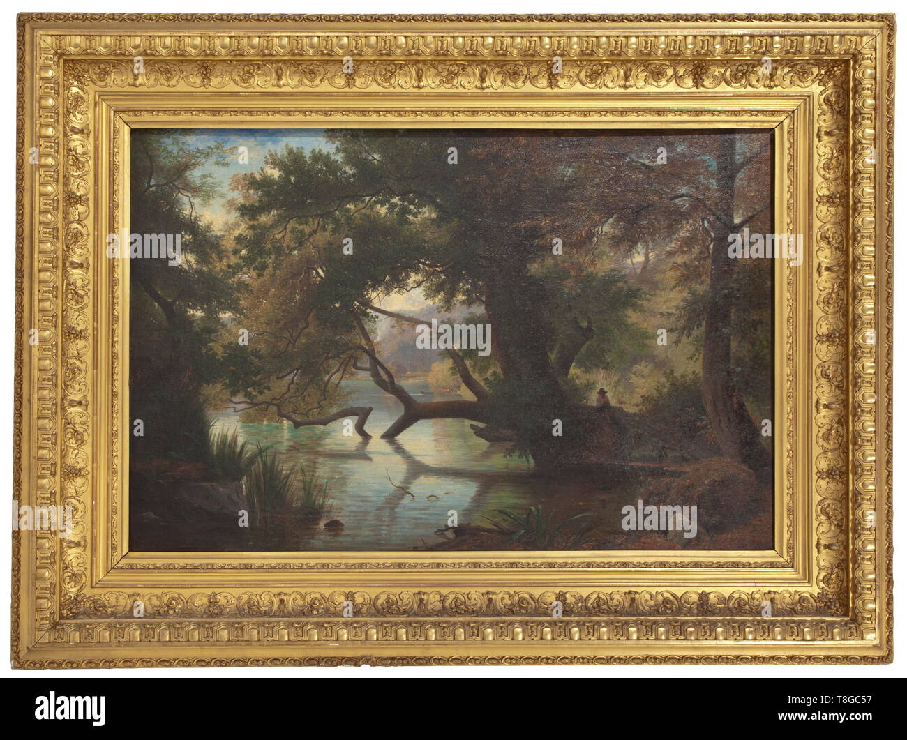 Benouville Jean-Achille (1815 - 1891) - Italiano shoreland Olio su tela. Firmato e datato in basso a sinistra 'Ach. Benouville Roma 1859". Tarda estate shoreland con ragazzi seduti in mezzo agli alberi. Sul lato opposto dei due adesivi etichette inventario "sull' per la Granduchessa Olga Nikolaevna della Russia e di una etichetta di inventario "H.V.v.W. G.V.R." per la Duchessa Vera von Württemberg, Granduchessa di Russia. In una splendida gilt cornice in gesso (minimamente battuto). Dimensioni della pittura 80 x 120 cm, dimensioni del telaio 117 x 157 cm. Rappresentazione atmosferica in excell, Additional-Rights-Clearance-Info-Not-Available Foto Stock