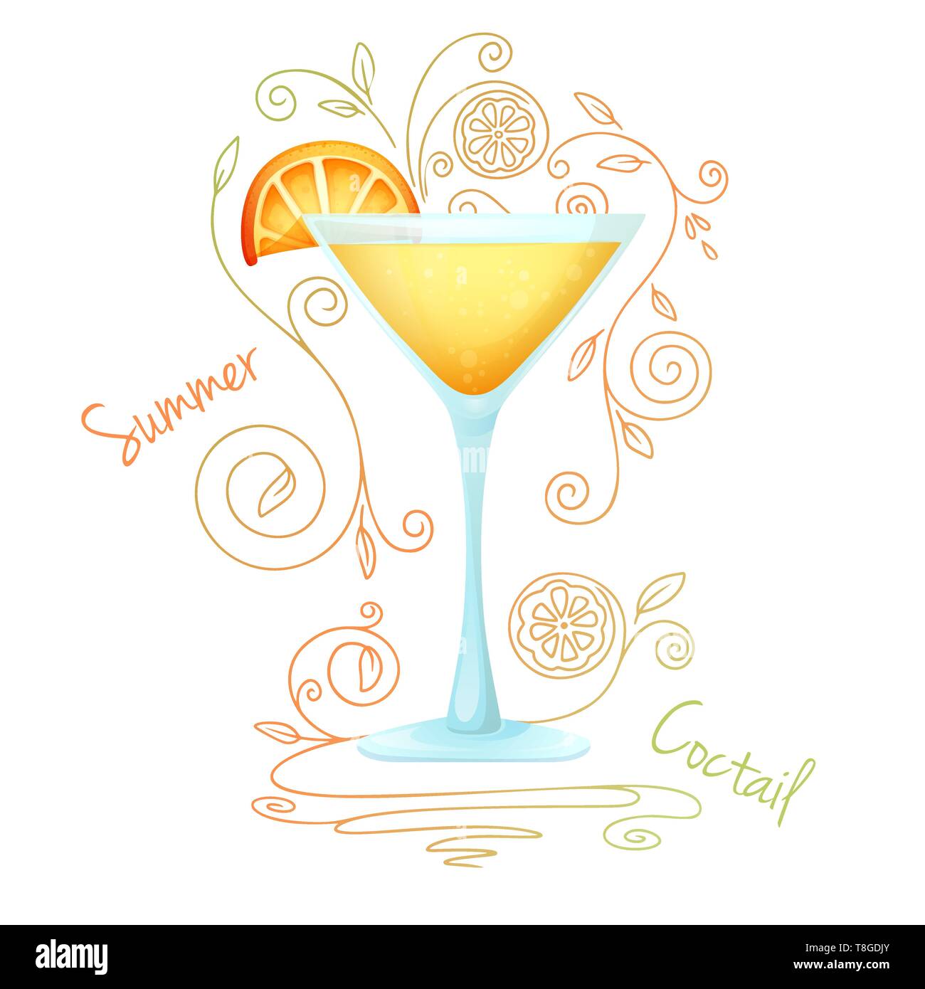 Cocktail realistica su un fondo bianco con uno scarabocchio, pattern. Illustrazione Vettoriale Illustrazione Vettoriale