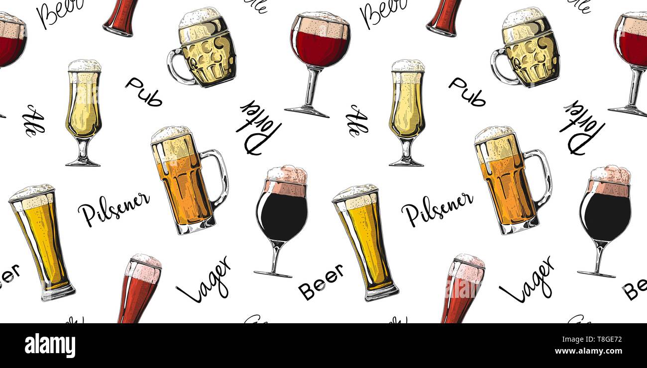 Modello senza cuciture con diversi tipi di bicchieri di birra, vari boccali di birra. Illustrazione vettoriale di un disegno stile. Illustrazione Vettoriale