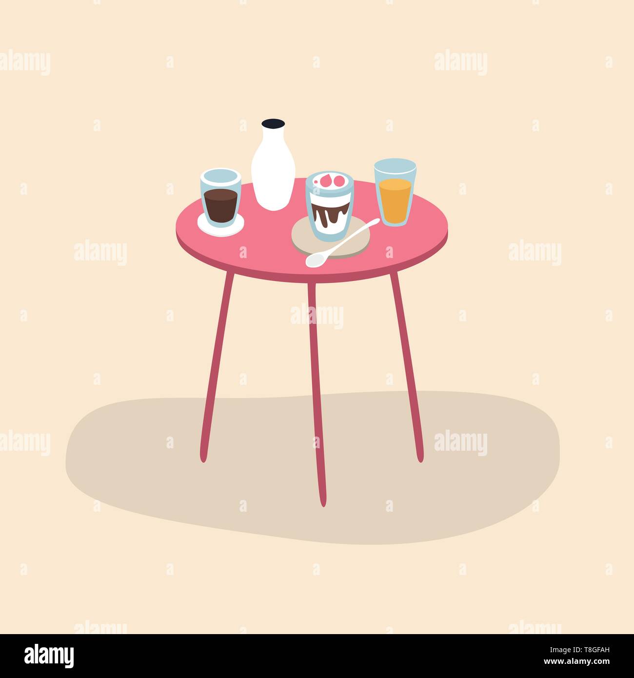 Colore rosa tabella con coppe con bevande e dessert. Design piatto Illustrazione Vettoriale