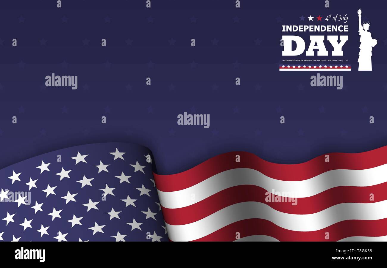 4 di luglio felice giorno di indipendenza dell America sfondo . Statua della Libertà piatto design silhouette con testo e sventola bandiera americana a basso su blu Illustrazione Vettoriale