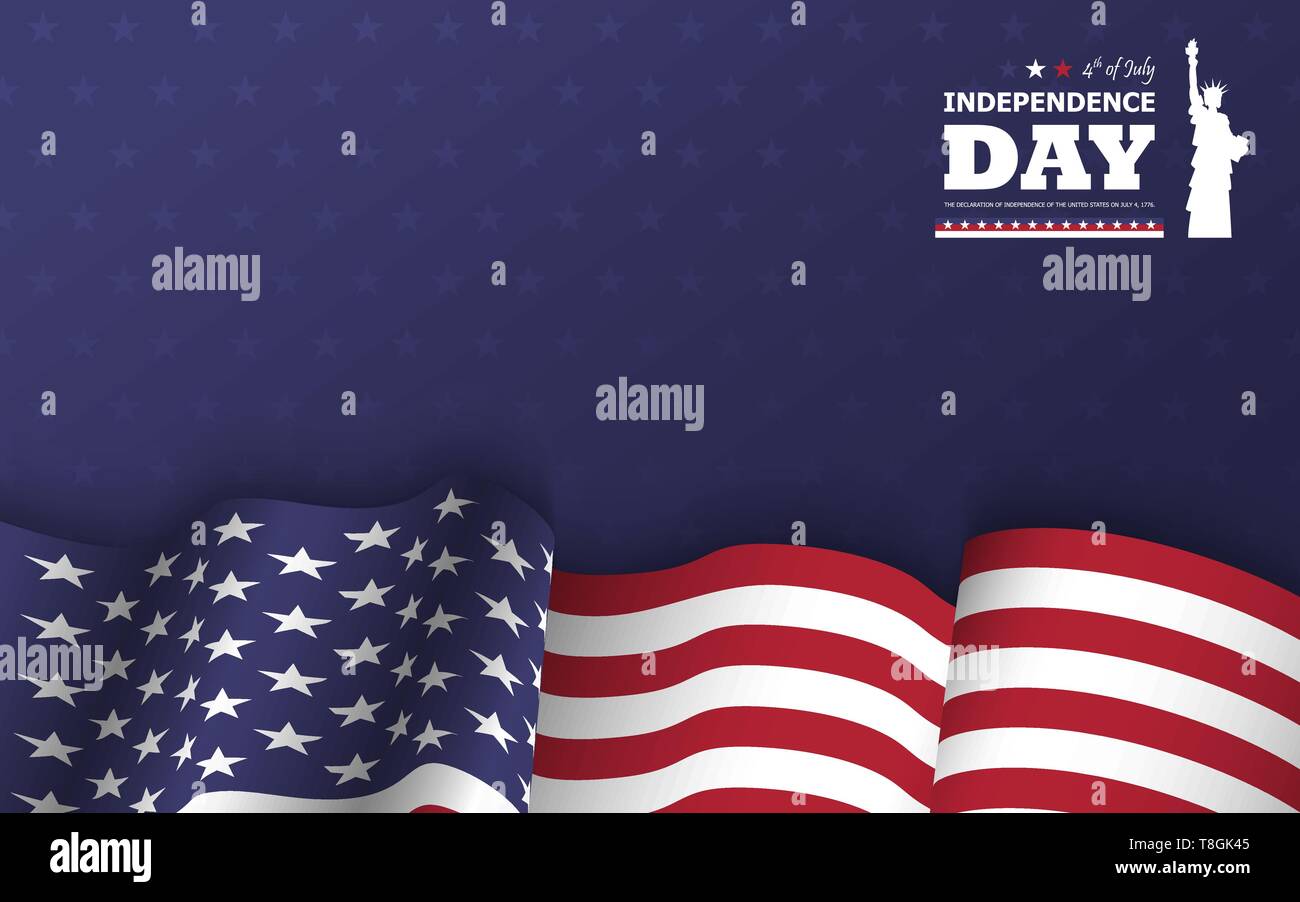 4 di luglio felice giorno di indipendenza dell America sfondo . Statua della Libertà piatto design silhouette con testo e sventola bandiera americana a basso su blu Illustrazione Vettoriale