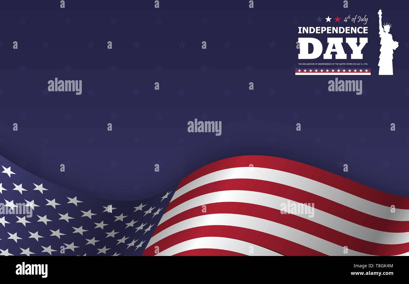 4 di luglio felice giorno di indipendenza dell America sfondo . Statua della Libertà piatto design silhouette con testo e sventola bandiera americana a basso su blu Illustrazione Vettoriale