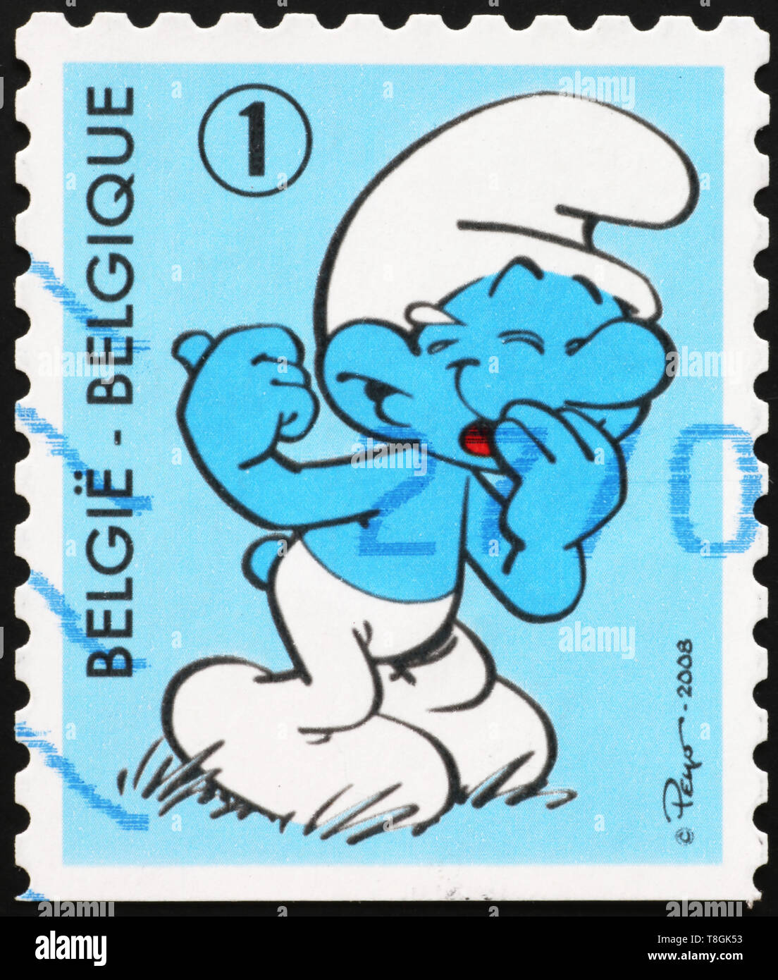 Cartoon puffo ridere sul belga francobollo Foto Stock