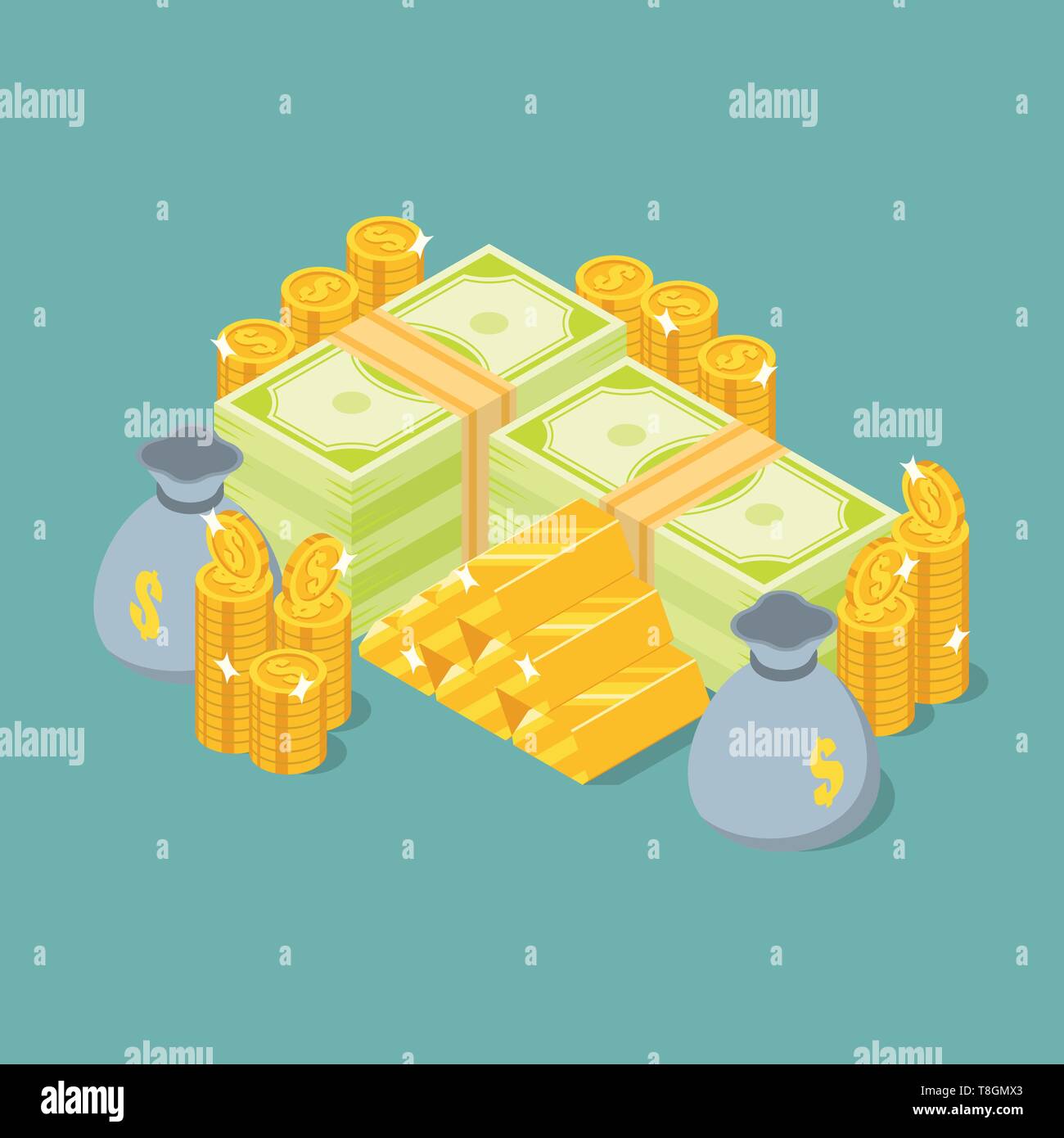 Gruppo di denaro stack, lingotti d'oro, monete e moneybag in vista isometrica Illustrazione Vettoriale