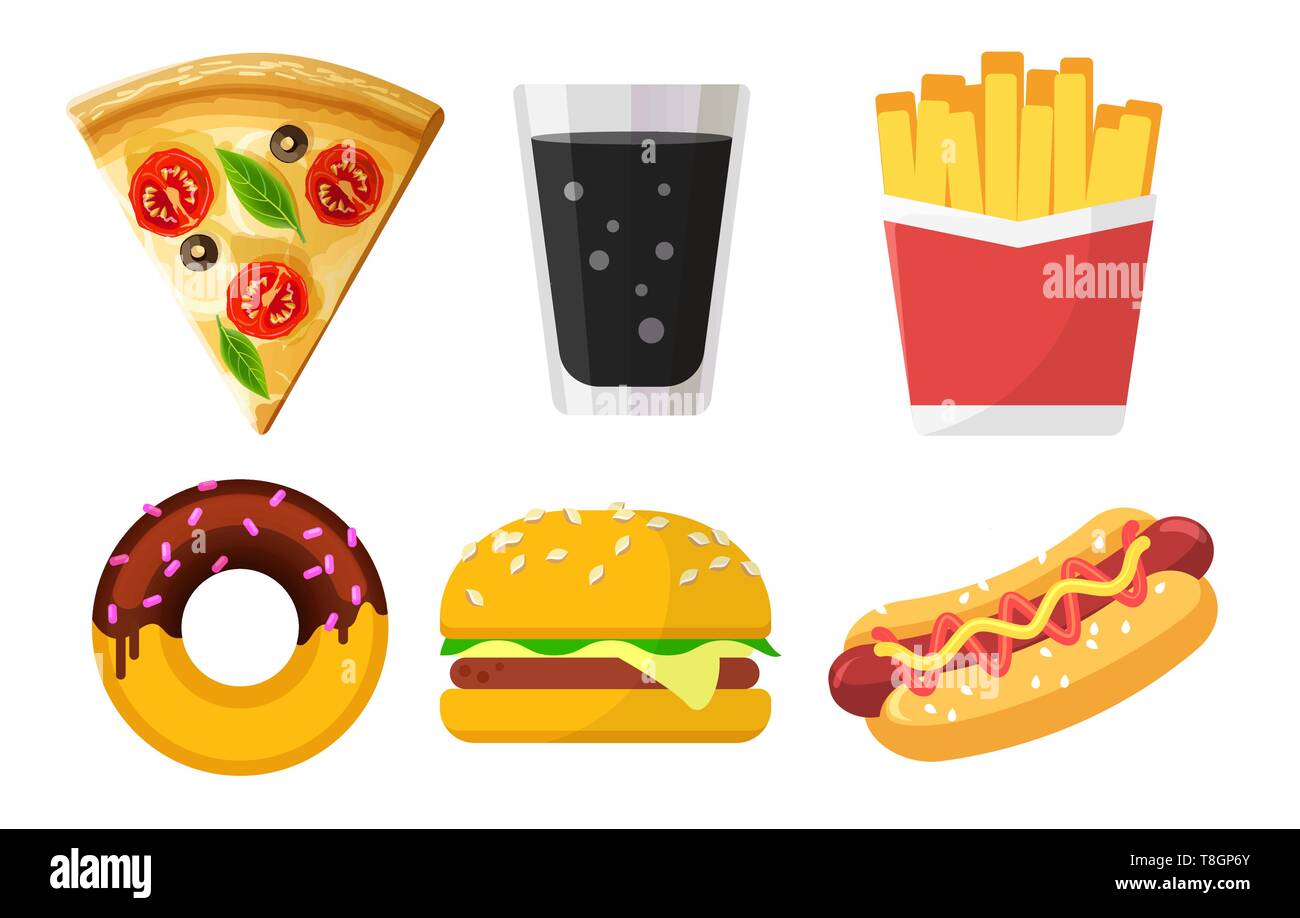 Set di colorati fast food le icone per i siti web e le app, pizza, soda, patatine, ciambelle, hamburger, hot dog isolati su sfondo bianco, cibo spazzatura Illustrazione Vettoriale