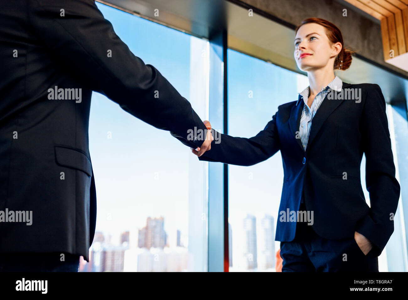 Professional Business donna e uomo in abito formale stringono le mani in ambienti chiusi. Foto Stock