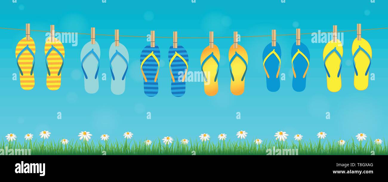 Pattern colorati flip flop appeso a una fune su sfondo turchese con erba verde e fiori a margherita vacanze estate design illustrazione vettoriale EPS10 Illustrazione Vettoriale
