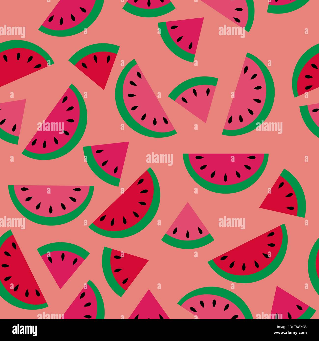 Modello senza cuciture con piatto cartoon cocomeri su sfondo di corallo Illustrazione Vettoriale