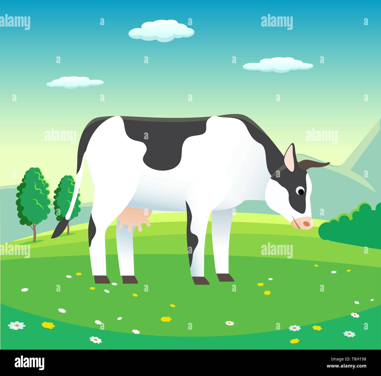 Paesaggio rurale con la mucca nel prato, vettore - illustrazione di sfondo per i prodotti lattiero-caseari Illustrazione Vettoriale