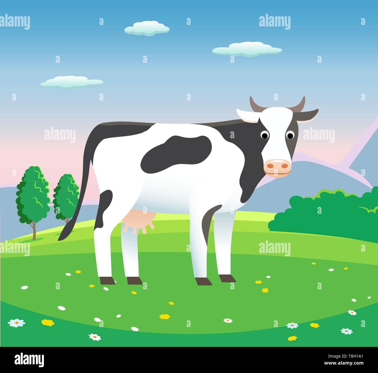 Paesaggio rurale con la mucca nel prato, vettore - illustrazione di sfondo per i prodotti lattiero-caseari Illustrazione Vettoriale
