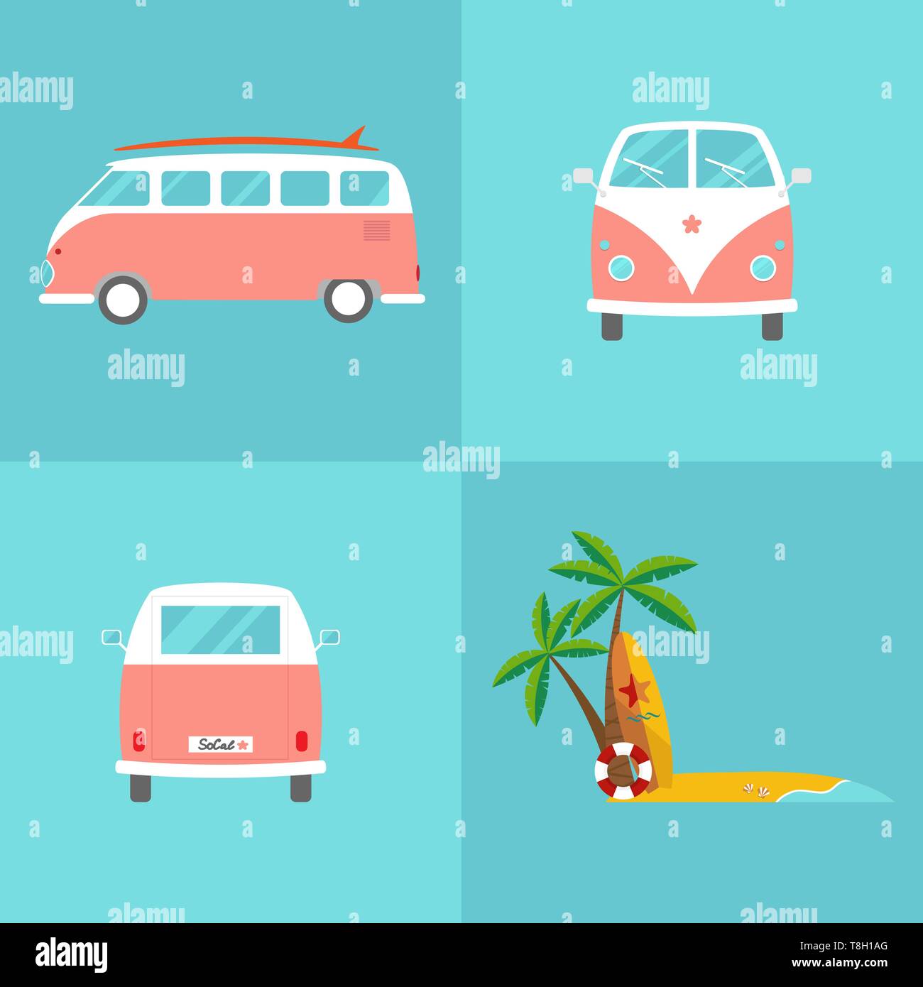 Raccolta di quattro miniature con retro travel van e la costa del mare, modello quattro il tuo design Illustrazione Vettoriale