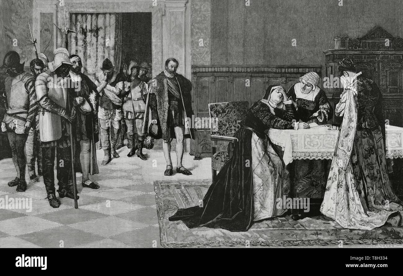 María López de Mendoza y Pacheco (1497-1531), conocida por María Pacheco. Nobile castellana, esposa del comunero Juan Padilla. Tras la muerte de su marido, asumió el mando de la sublevación de las Comunidades de Castilla. María Pacheco después de la Batalla de Villalar. Grabado por Tomás Carlos Capuz (1834-1899) a partir de onu Cuadro de Vicente Borrás. La Ilustración Española y Americana, 22 de noviembre de 1881. Foto Stock