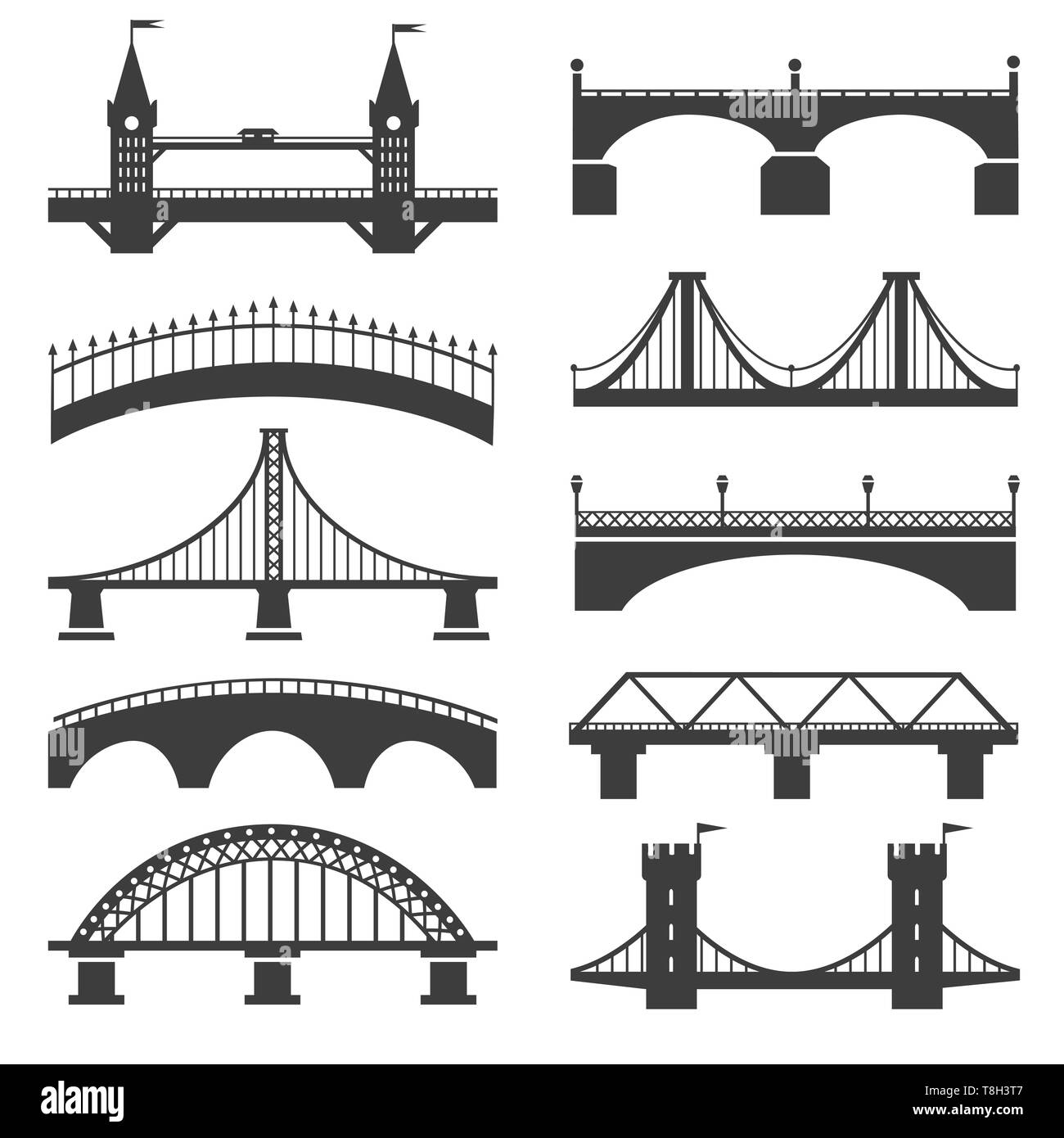 Icone di ponte. I ponti di sagome vettoriali con pilastri e torri di bridging, calcestruzzo promenade e autostrada strutture architettoniche illustrazione Illustrazione Vettoriale