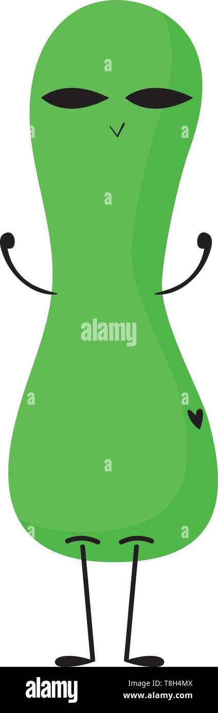 Un colore verde lunga alien con piccolo cuore nero , il vettore, il colore di disegno o illustrazione. Illustrazione Vettoriale